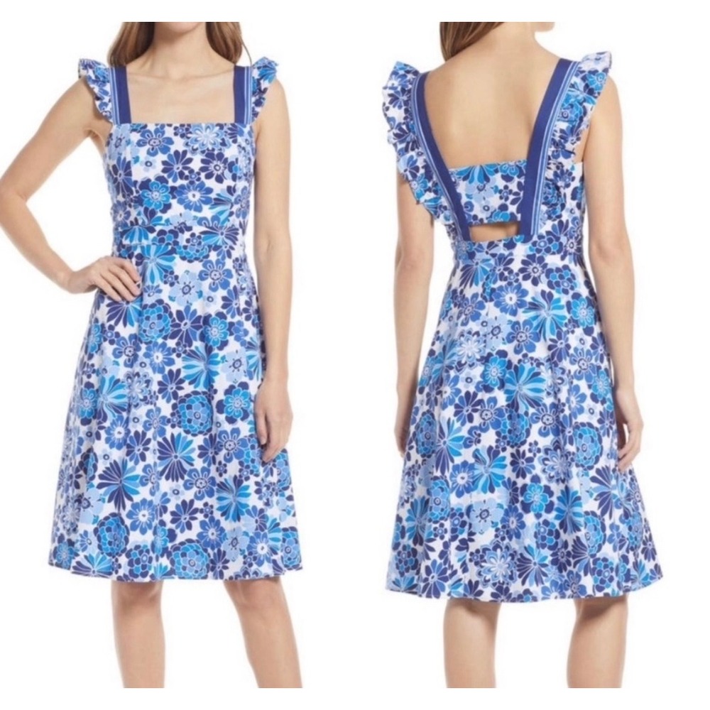 Tahari ASL BlueWhite Floral Ruffle  Cutout Fit Flare Dress 12 boho whimsi dainty